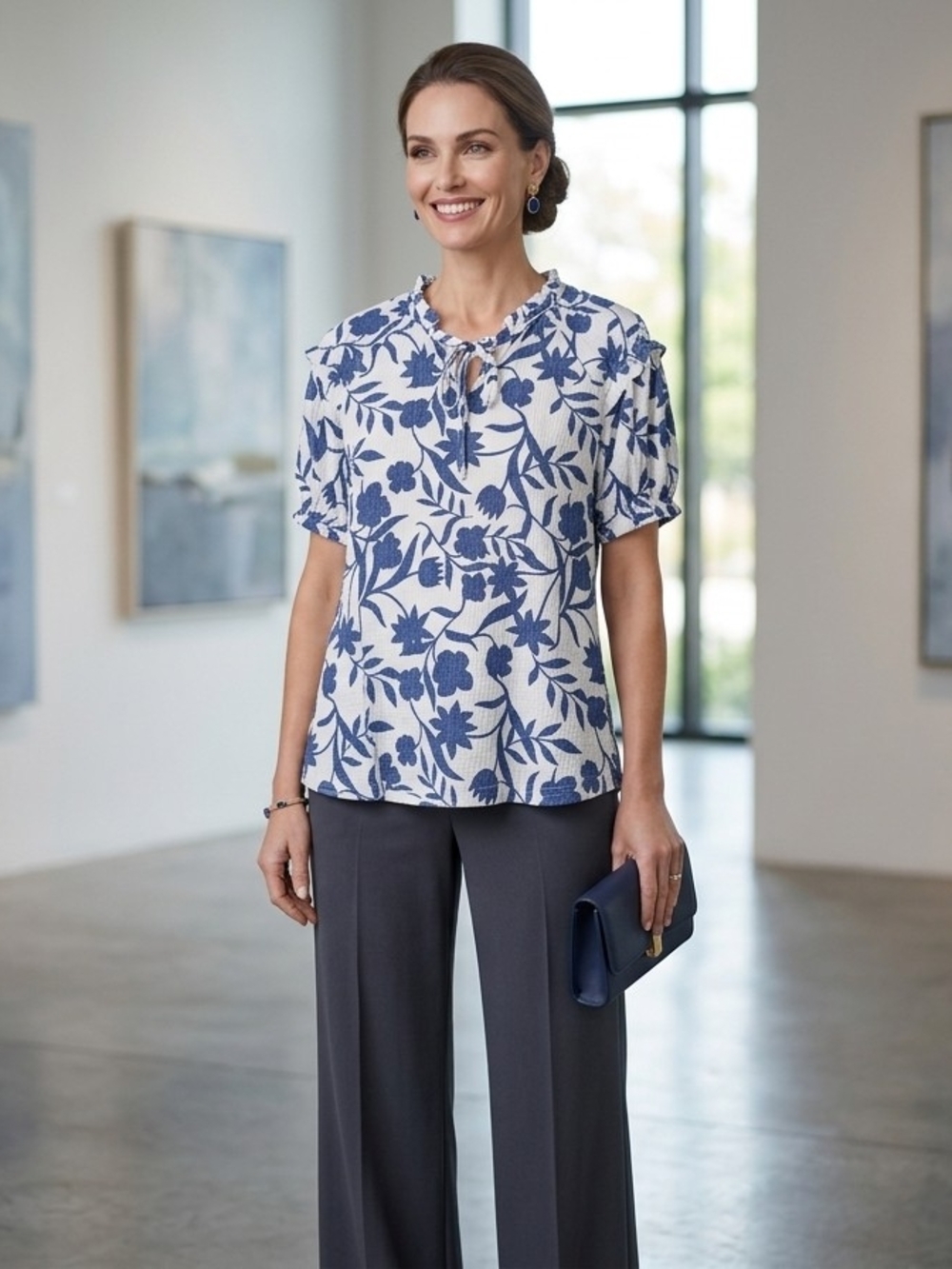 Fred David Navy Floral Tie-Neck Blouse